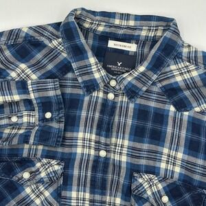 American Eagle Outfitters Boyfriend Fit Plaid Flannel Shirt Blue Cream Size L